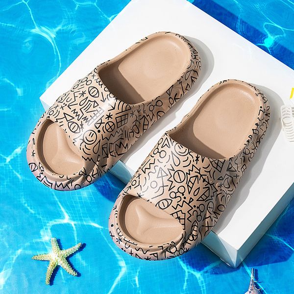 

summer golden print men fashion slippers outdoor platform beach slides men comfort non-slip mens home slippers chanclas hombre, Black