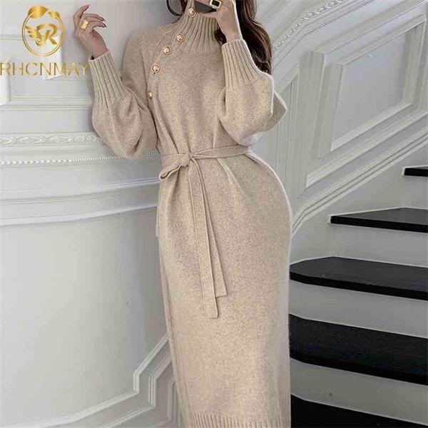 

vintage turtleneck chic button sweater dress autumn drawstring slim waist vestidos solid color knitted women dresses 210520, Black;gray