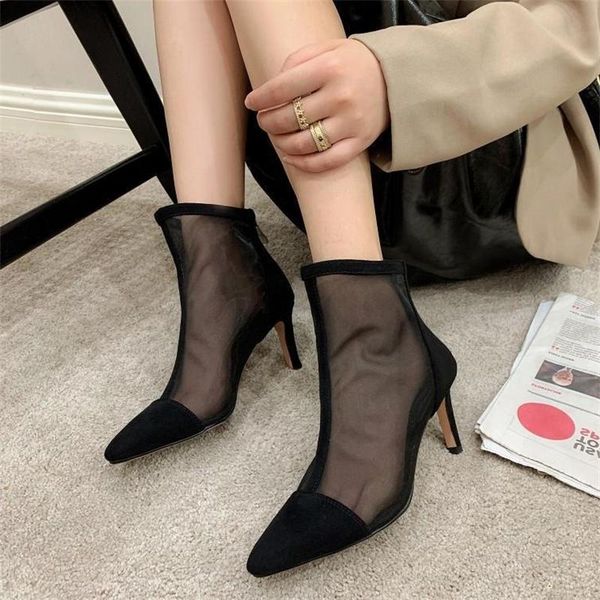 

boots caiyun spring and autumn women's pointed shoes thin heel high short net hollow out large, Black