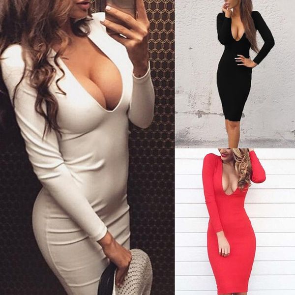 

casual dresses deep v neck 2021 fashion women bust dress solid plunge sukienka open chest skinny tight low cut midi elegant, Black;gray