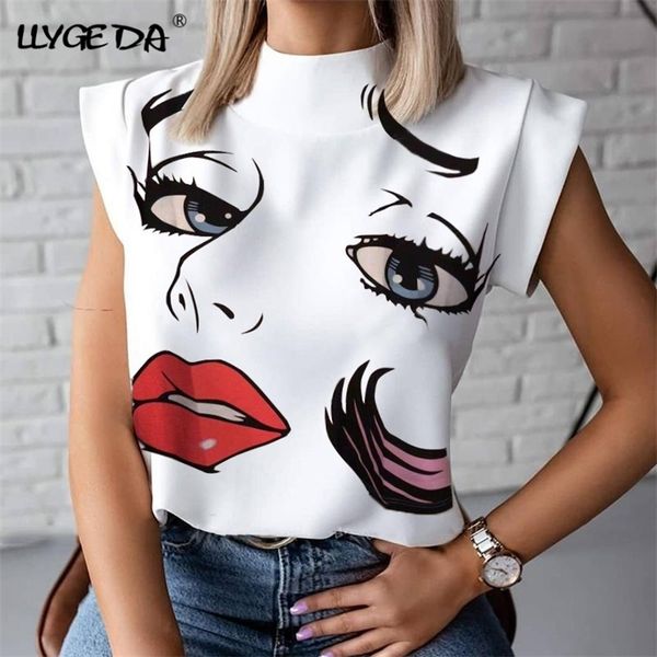 

sleeveless lip print womens tshirts summer stand neck streetwear t shirts lady new loose fashion white tshirt female 210401