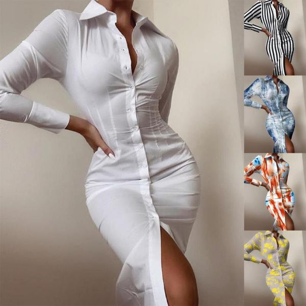 

casual dresses lapel slim single-breasted split hem dress for party shirt, Black;gray