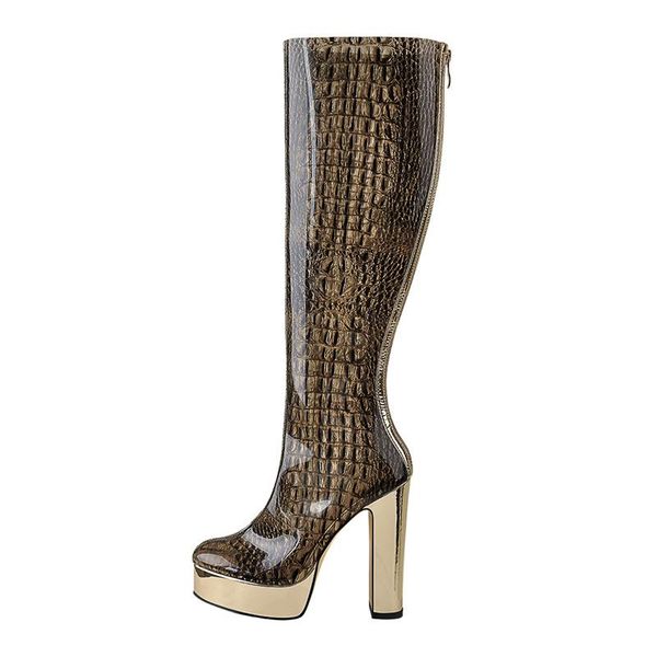 

boots richealnana women's pointed toe leopard back zip shinning chunky high heels double layer pvc stretch over the knee lace-up shoes, Black