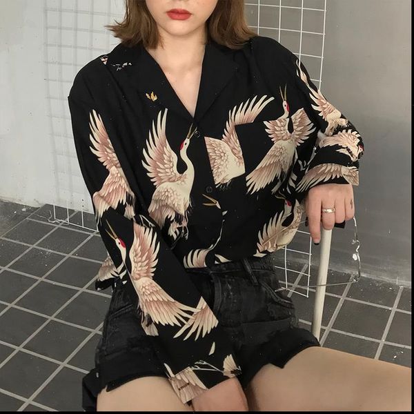 

autumn spring harajuku crane womens shirts print long sleeve streetwear, White