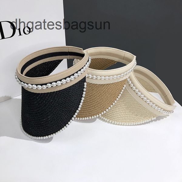 

brand cap carves net red pearl empty straw hat women's summer sun shading screen fashion beach hat big brim headless hair hoop tide c3x, Blue;gray