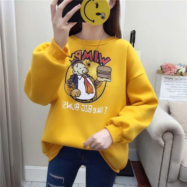 

women's hoodies & sweatshirts women cartoons letter loose thick velvet sweatshirt yellow white o neck long sleeve casual winter clothe, Black
