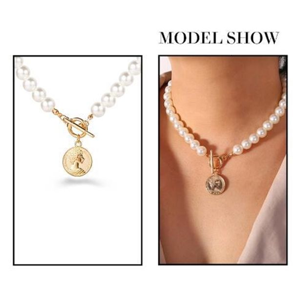 

50709 artificial pearl coin pendant necklace creative simple clavicle chain, Silver