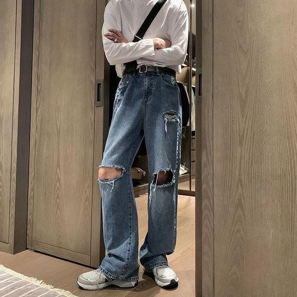 

men's jeans icclek summer ripped straight-leg loose dark blue pants skinny men brown patchwork