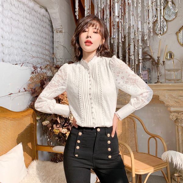 

tees autumn women white shirt, office lace lady dress courtly retro female shirt