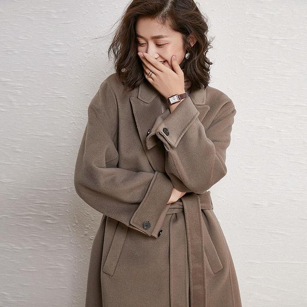 

women's wool & blends women double sided dark grey fashion cashmere overcoats winter woolen jackets high end long handmade outwear plus, Black