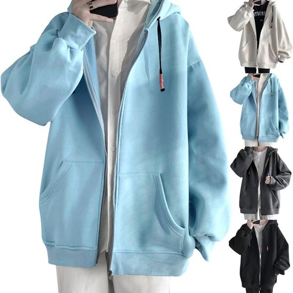 

men's jackets women solid dropped shoulder sleeve zipper sweater coat rib pocket long hooded, Black;brown