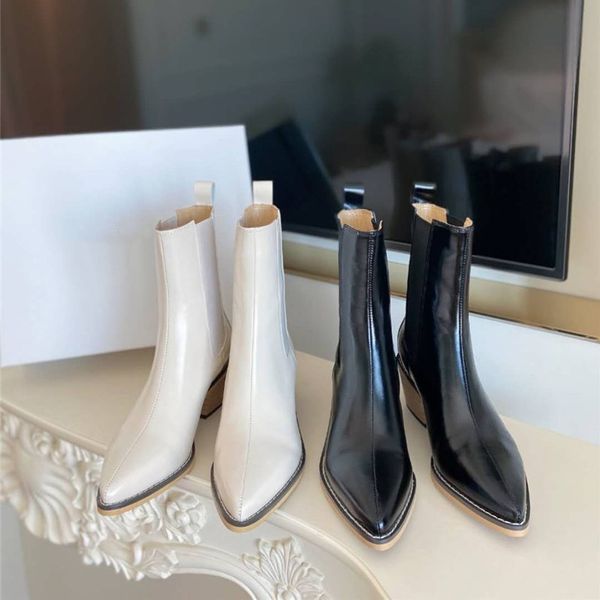 

Minimalist style women's leather boots Soft comfortable Black White Thick mid-heel winter and fall New Design Ankle boot Elegant womens pointed toe shoes 35-41