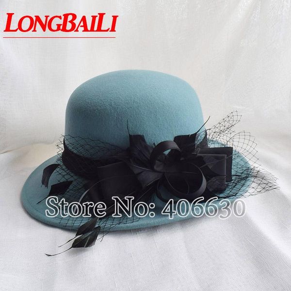 

stingy brim hats winter 60cm big headsize feather wool felt fedora for women wide chapeau sun caps swdw014, Blue;gray