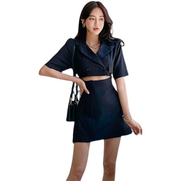 

black korean ladies summer short sleeve notched office cabaret mini party dresses for women 210530, Black;gray