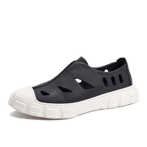 

sandals mens summer breathable beach shoes men driving casual fashion genuine leather all-match cowhide, Black