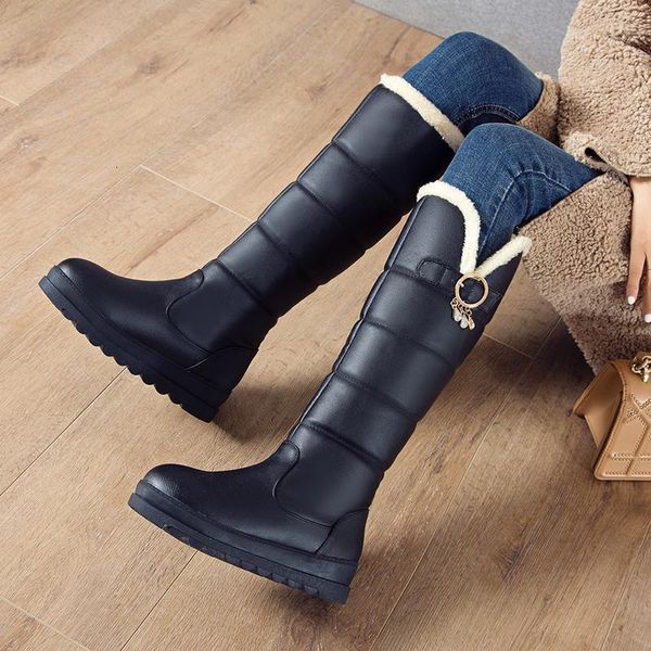 

boots winter keep warm snow casual round toe knee high plush wedge med heel slip on women shoes size 34-43 kjen, Black