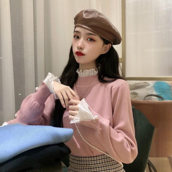 

women's sweaters spring autumn vintage elegant women fashion chic ruffled collar long sleeve mesh patchwork slim pullovers for female, White;black