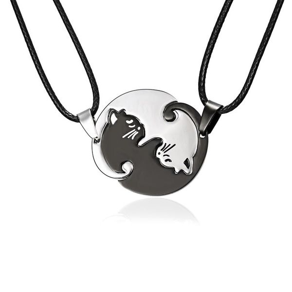 

pendant necklaces black and white kitten hug round stainless steel necklace jewelry gift couple friend, Silver