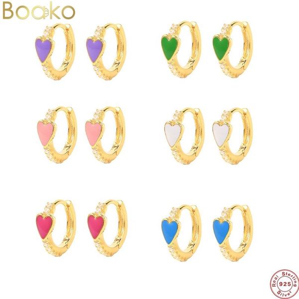 

hoop & huggie boako 100% real 925 sterling silver white pink enamel heart earring pendientes 2021 spring summer jewelry for women gifts, Golden;silver