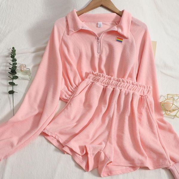 

women's tracksuits 2 pieces sets women 2021 loose lace up elastic waist shorts long sleeve coat button shirt sweatshorts suits, Gray