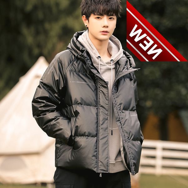 

2021 winter men's fashion white duck down jackets male thicken warm hooded outwear men new short solid color coats w843, Black