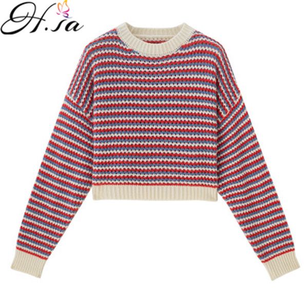 

h.sa autumn winter fashion striped pullover and oneck korean style crop pull sweaters loose oversize jumpers 210417, White;black