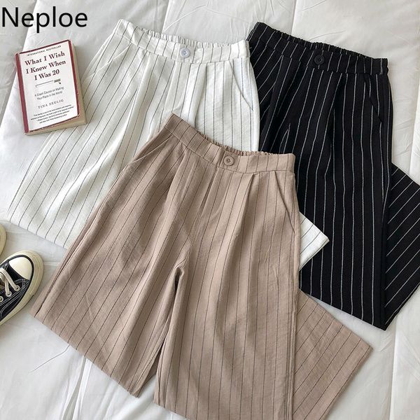 Pantaloni a gamba larga a righe Neploe Donna Mezza vita elastica Pantaloni larghi dritti Office Lady Korean Chic Slim Fit Pantalon Donna 210422