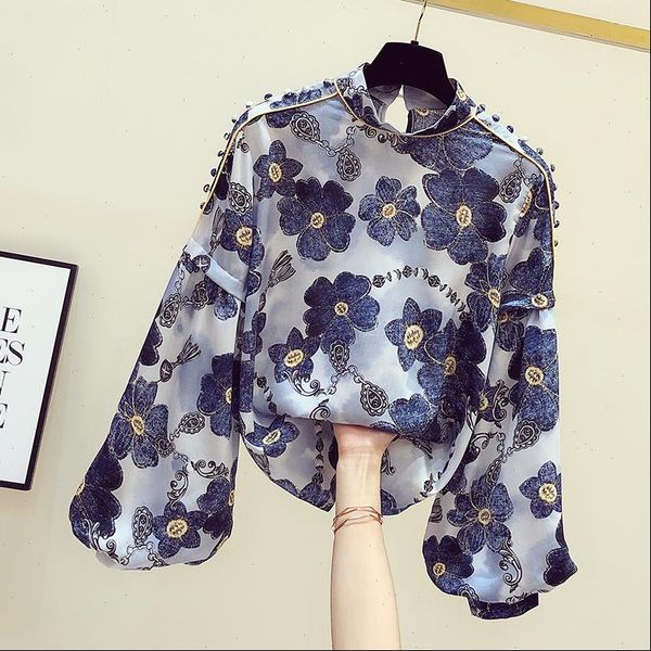 

womens blouses vintage chiffon blouse women spring and autumn korean loose modis floral print stand collar lantern sleeve, White
