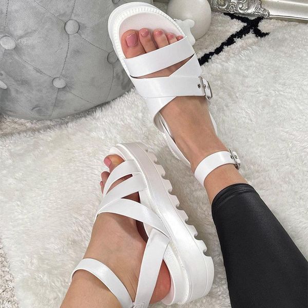 

sandals 2021 women buckle platform woman cool thick bottom shoes solid flats female summer beach lady casual footwear big size, Black