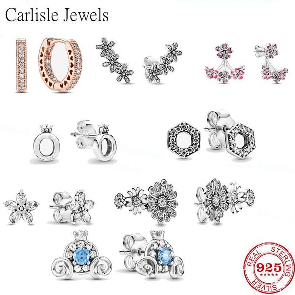 

stud 100% 925 sterling silver fit original pan earrings princess crystal for women diy jewelry wedding gift, Golden;silver