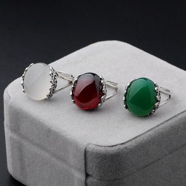 

cluster rings heitai silver s925 pure ring simple white green jade agate pomegranate vintage wholesale, Golden;silver