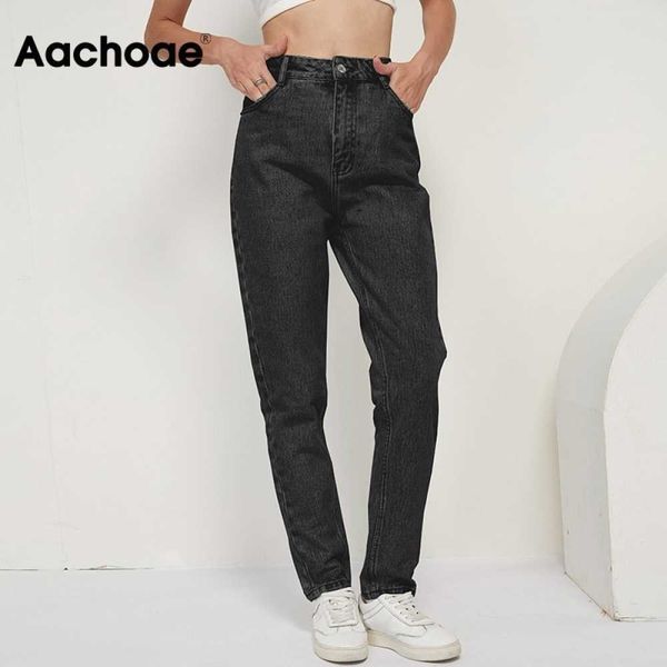 

aachoae fashion 100% cotton mom jeans women high waist solid pockets cowboy pants zipper fly long denim pencil trousers 210616, Blue