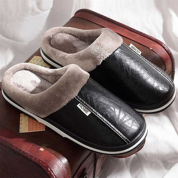 

women men winter house slippers pu leather cute plush slip on fluffy warm casual shoes couple lady boy girl fur slides 211110, Black