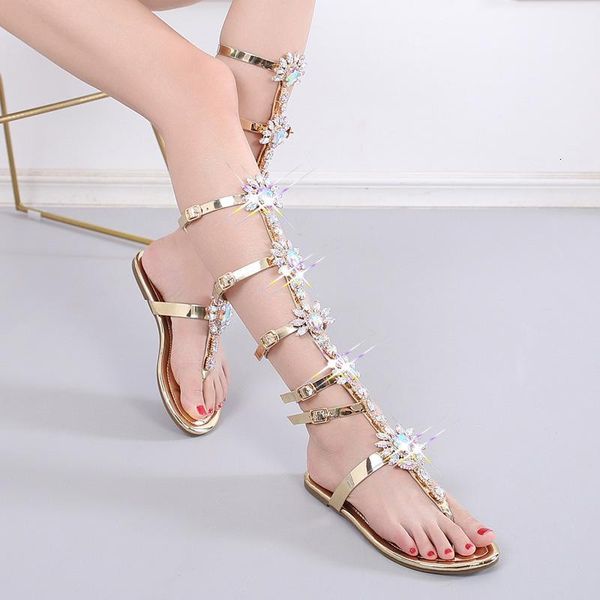 

casual sandals fashion roman flat bohemian high rhinestone bottomed flip wh1q, Black