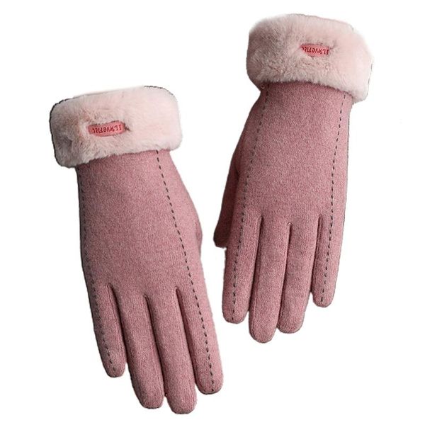 

women winter faux wool full finger gloves plush lined letter touchscreen mittens five fingers, Blue;gray