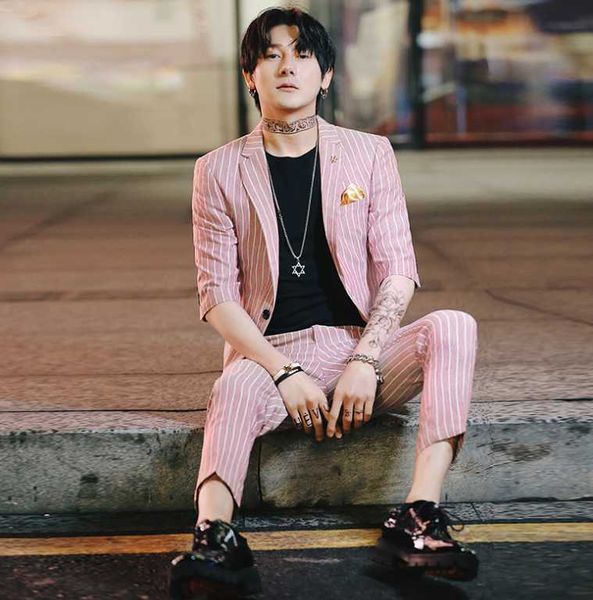 

men's suits & blazers design 2 pieces casual wear party dress prom set slim fit version tuxedo pinstripe suit, White;black
