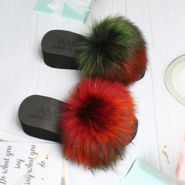 

sandals women genuine fur slippers indoor platform fluffy shoes casual summer natural authentic flip flops, Black