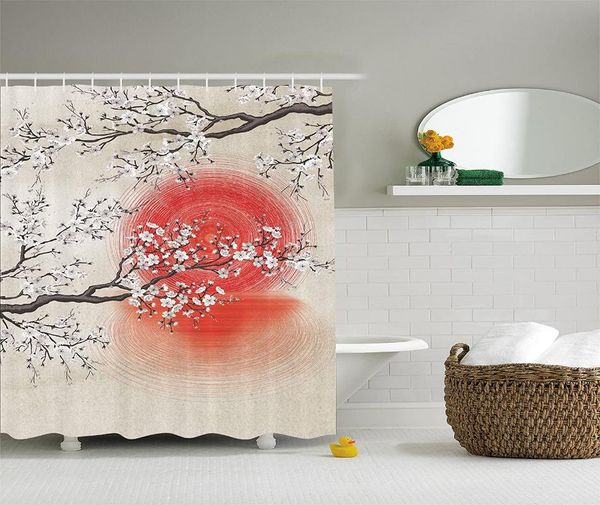 

shower curtains japanese garden park sakura cherry trees branches leaves white flowers in spring blossom under the red sun bathroom