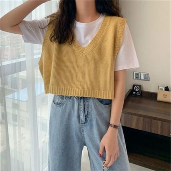 

women's vests fashion women sleeveless pullover korean style casual oversized v neck knitted sweater vest cute short tank waistcoat lk, Black;white