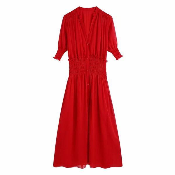 

fashion v-neck sleeves red elastic waist women dress vintage elegant slim chic female midi dresses 210507, Black;gray