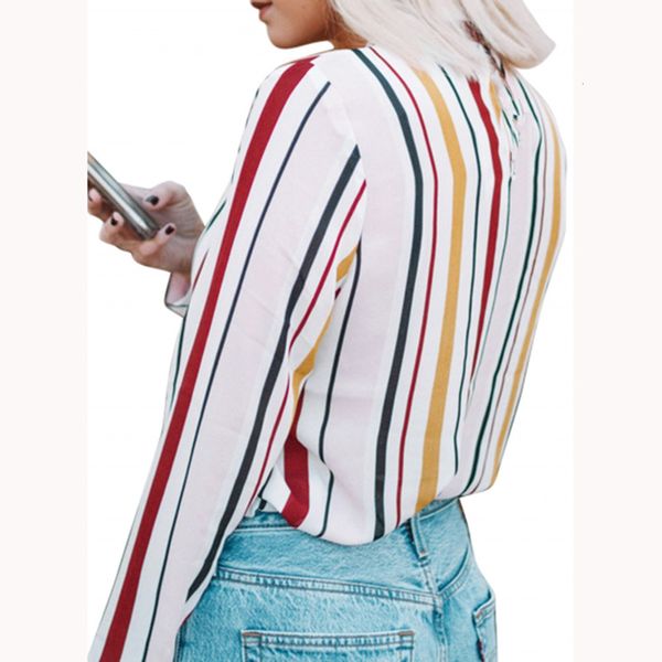 

autumn women cuffed long sleeve v-neck shirt stripe print female streetwear clothing femme blusas shirts spring, White