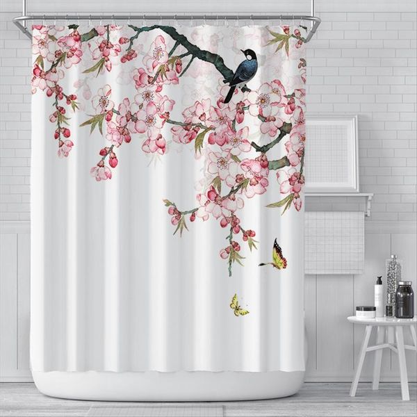 

shower curtains pink cherry blossom peach blossoms curtain white background girl bathroom waterproof polyester cloth screen with hook set