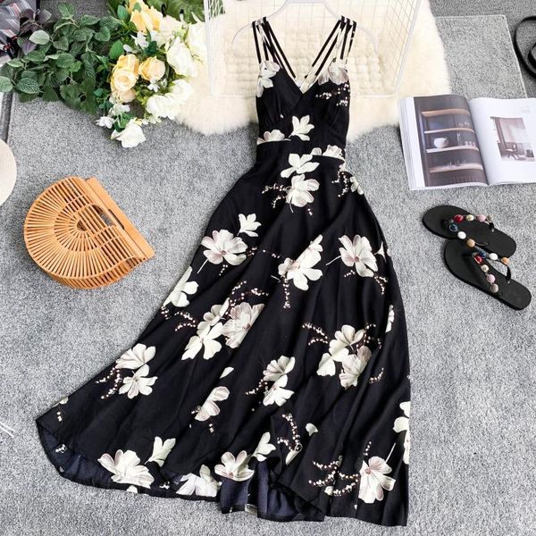 

2021ftlzz women floral print dress summer v-neck backless long dresses female elegant bohemian party dress vestido, Black;gray