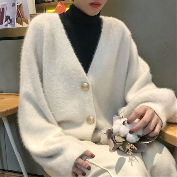 

autumn winter mink velvet white womens sweater coat long sleeve cozy knitted cardigan warm outerwear loose, White;black