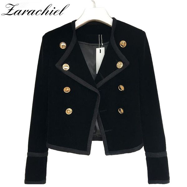 

runway women notched collar short jacket coat autumn winter double breasted suit female velvet black slim outwear 210416, Black;brown
