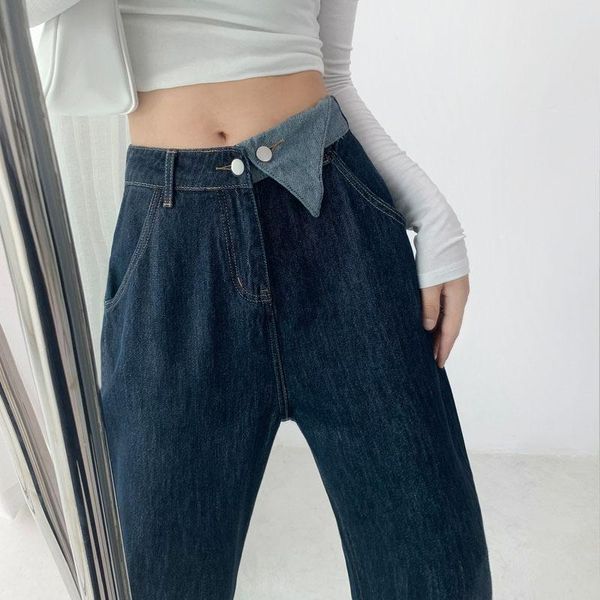 

women's jeans patchwork straight baggy vintage high waist boyfriends mom y2k denim distressed streetwear 2021 female autumn, Blue