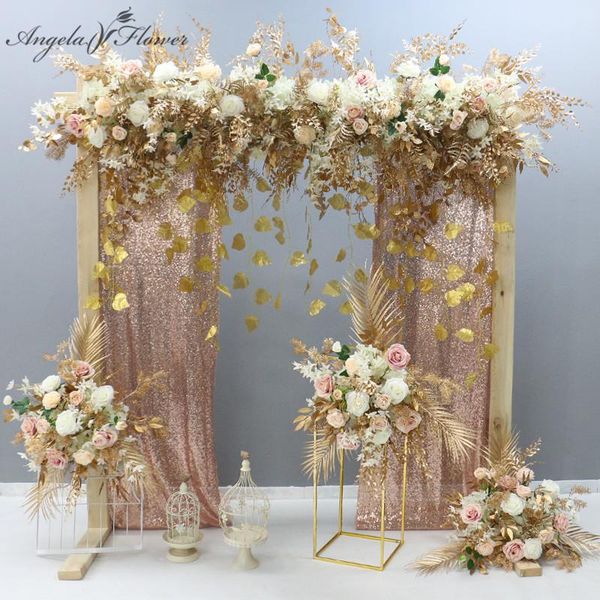 

decorative flowers & wreaths custom golden leaf plants rose flower row arrangement wedding backdrop deco wall hanging floral table ball wind