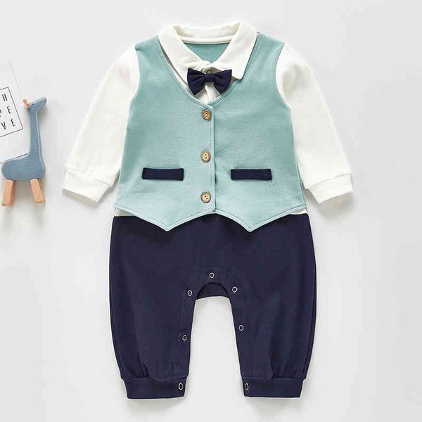 Primavera Bebê Roupa Meninos Gentleman Laço Romper Manga Longa Menino Macacão Falso Dois Peça Jumpsuit 210429