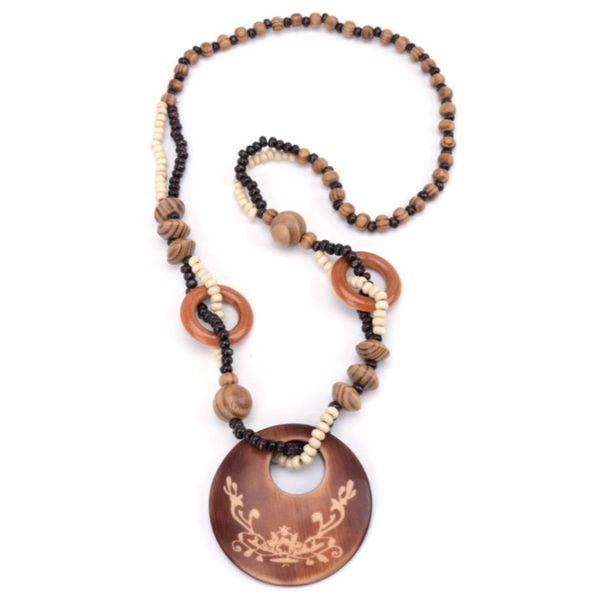 

pendant necklaces handmade weave rope chain wood round hollow necklace bohemian style jewelry, Silver