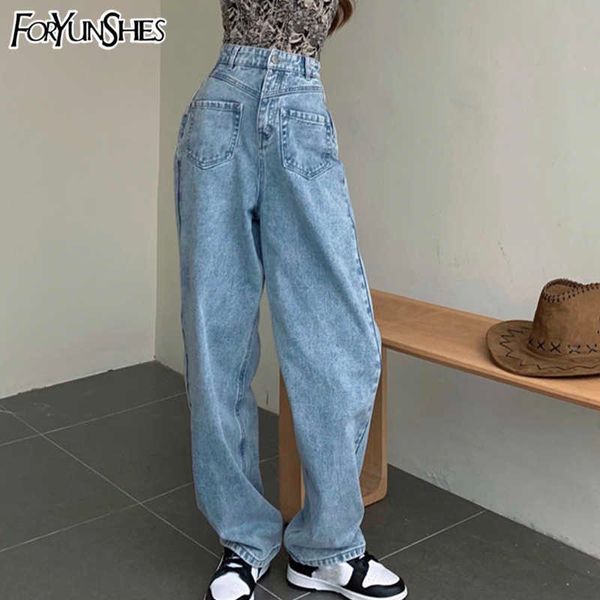 

foryunshes baggy mom jeans women spring summer high waisted asymmetric wide leg denim pants trousers vintage clothes 210709, Blue